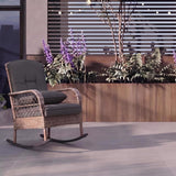 Garvee Outdoor Rattan Rocking Chair for Porch & Balcony, Hand-Woven Wicker Patio Armchair with Steel Frame, Thick Cushion and Brown Rattan Gray Cushion