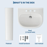 Garvee Freestanding Square Ceramic Pedestal Bathroom basin with Overflow – White Vanity Basin – Easy to Install – 3 Pre-Drilled 8-Inch Faucet Holes and Backsplash – Space-Saving Design – Size: 3 holes 8 inches - 8" -3 Holes (Square)