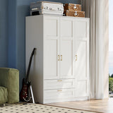 Garvee 3 Doors Wooden Wardrobe Closet Armoire with 2 Drawers & 3 Shelves, 66" Bedroom Large Capacity Freestanding Armoire with Hanging Rod for Cloak Room, Entrance Hall, White - White