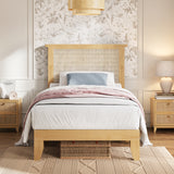 Garvee Rattan Twin Bed Frame, Boho Twin Size Bed Frame with Natural Rattan Headboard, Led Lights, Wooden Support Legs and Slats, Noise-Free, No Box Spring Needed - Natural