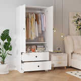Garvee 71" Armoire Wardrobe Closet, Modern Wooden Bedroom Armoire with 2 Drawers & 2 Doors and Adjustable Shelves，Clothing Storage Cabinet with Aluminum Hanging Rod, Locker - White