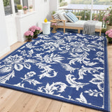 Garvee Waterproof Outdoor Rug 8x10 for Patio, Foldable Reversible Modern Area Rug, Large Plastic Straw Mat for Camping, RV, Porch, Backyard, Deck, Picnic, Beach, Blue & White - Navy Blue
