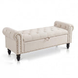 Garvee 51" Bedroom Storage Bench for End of Bed, Upholstered Ottoman Bench with Button Tufted Design and Rolled Arms, Anti Cotton and Linen Entryway Bench with Safety Hinge for Living Room, Closet, Beige