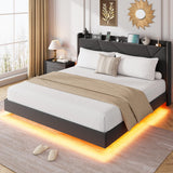Garvee Queen Floating Bed Frame with RGB LED Lights & Charging Station - Upholstered Platform, Storage Headboard with Folding Shelves - Metal Slats, No Box Spring Needed - Color: QUEEN Black - Black