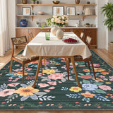 Garvee 10' × 13'  Floral Nursery  Area Rugs Washable Print Boho Cute Carpet Non Slip Flower Low Pile for Living Room Kids Girls Playroom Bedroom Kitchen Office Farmhouse-Black - Black
