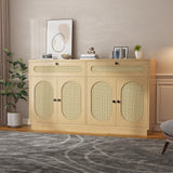 Garvee Modern Storage Solution Buffet Sideboard Cabinet – 4 Rattan Doors, 2 Drawers, Adjustable Shelves, Spacious 60'' Dining Room Furniture – Natural Wood Color – USA - Light Oak