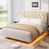 Garvee Modern Floating Platform Bed Frame with Smart LED Lights - Diamond Upholstered Headboard - Sturdy Wood Slats - Easy Assembly - No Box Spring Needed - Noise-Free - Heavy Duty - Full Size - White - White