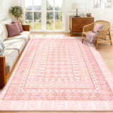 Garvee 5' × 7' Boho Floral Area Rug, Soft Washable Low-Pile Polyester Carpet with Non-Slip Backing for Living Room, Bedroom and Dining Room, Pink - Pink