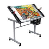 Garvee Adjustable Drafting Table with 2 Drawers – Tiltable Glass Tabletop Art Desk on Wheels, Multi-Purpose Drawing Work Station for Home Office or Studio