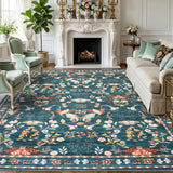 Garvee 9x12 Washable Area Rug, Non-Slip Low Pile Rug with Butterfly Floral, Stain Resistance Carpet for Living Room, Bedroom, Dining Room, Dark Green - Dark Green