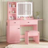 Garvee Vanity Desk with Mirror & Light, Makeup Vanity Table with Charging Station, Large Storage Cabinet & 2 Drawers & 3 Open Shelves, 3 Lighting Modes Adjustable Brightness, Bedroom Dressing, Pink - Pink