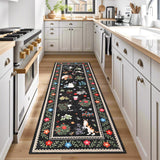 Garvee 2' x 6' Washable Cat & Floral Runner Rug, Non-Slip Stain-Resistant Soft Low-Pile Animal Print Rug for Hallway, Kitchen & Entryway, Black - Black