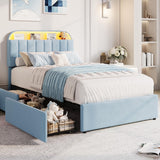 Garvee Upholstered Twin XL Bed Frame with Adjustable Storage Headboard, 2 Drawers, LED Lights, Noise-Free, Easy Assembly, Ideal for Kids Boys or Girls, No Box Spring Needed - Blue, Twin XL Size - Blue