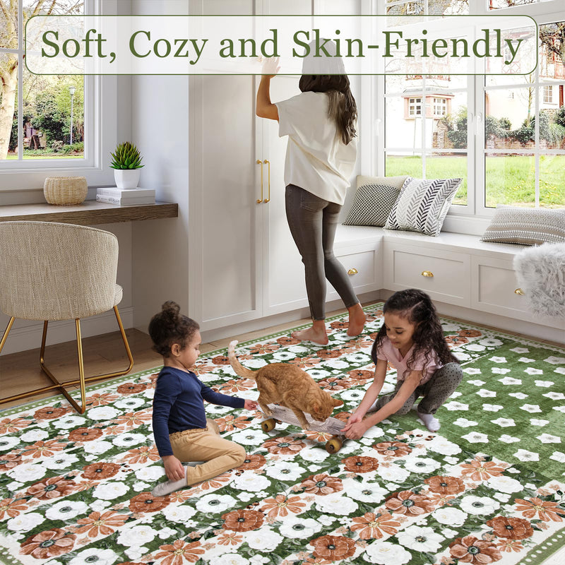 Garvee 6' × 9' 4th of July Patriotic Floral Rug, Sage Green/White/Rust American Flag Washable Area Rug