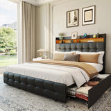 Garvee Modern Full Size Upholstered Platform Bed Frame with LED Light, Double-Layer Fuzzy Headboard, 2 Storage Drawers, Charging Socket & USB Port, Matte Black & Vintage PU Leather, FULL black matte - vintage board (PU leather) - Black|PU