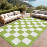 Garvee Waterproof Reversible Outdoor Rug 8x10ft – Modern Checkboard Geometric Plastic Straw Mat – UV Resistant, Collapsible, Easy Clean Carpet for Patio, Deck, Camping – Light Grass Green/White, 8x10ft - Light Grass Green