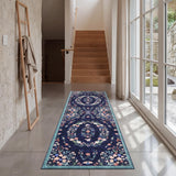 Garvee 2' × 6' Corner Floral Runner Rug, Soft Washable Low-Pile Polyester Carpet for Hallway, Kitchen and Entryway, Dark Blue - Dark Blue