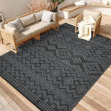 Garvee Outdoor Area Rug Waterproof Plastic Straw Rug, Boho Reversible RV Mat, Stain-Resistant Indoor Outdoor Carpet for Picnic, Deck, Balcony, Beach, Patio - Black & Gray