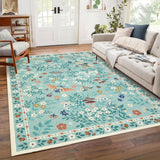 Garvee 10' x 13' Light Green Butterfly Garden Floral Area Rug, Washable Polyester Non-Slip Low-Pile Carpet for Living Room, Bedroom and Dining Room - Light Green