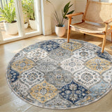 Garvee 5' Round Moroccan Area Rug, Vintage Distressed Trellis Washable Non-Slip Low-Pile Rug for Living Room & Bedroom, Blue/Yellow - Blue/Yellow