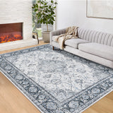 Garvee 10' x 13' Gray Traditional Oriental Floral Area Rug, Washable Non-Slip Low-Pile Carpet for Living Room, Bedroom and Dining Room - Gray