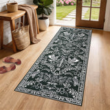 Garvee 2' x 6' Vintage Botanical Bird & Snake Runner Rug, Washable Non-Slip Soft Low-Pile Rug for Hallway, Kitchen & Entryway, Black - Black