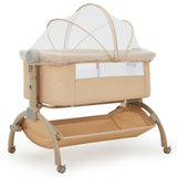 Garvee 3-in-1 Adjustable Bedside Baby Bassinet with Breathable Mesh, Wheels, Detachable Mosquito Net, Storage Basket and Collapsible Side for Newborns, Khaki - Khaki