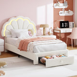 Garvee Twin LED Platform Bed with Storage Drawer, Adjustable Headboard, Berber Fleece Upholstery, No Box Spring Needed, Easy Assembly, for Kids,Beige - White