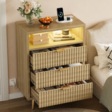 Garvee 3 Drawers Dresser for Bedroom, 28" w Wooden Dresser with LED Lights and Charging Station, Fluted Wood TV Stand with Gold Handle, Modern Chest of Dressers for Closet, Living Room, Hallway, Oak - Oak
