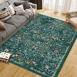 Garvee 5' × 7' Distressed Floral Area Rug, Soft Washable Low-Pile Polyester Carpet for Living Room, Bedroom and Dining Room, Dark Green - Dark Green