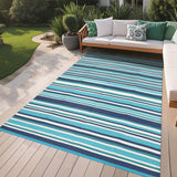 Garvee 10' × 20' Reversible Multicolor Stripe Outdoor Rug, Waterproof Plastic Straw Patio Mat for RV, Camping, Deck and Balcony, Blue/White Multicolor - Navy Blue Teal