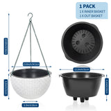Garvee Self-Watering Hanging Planters, 2-Piece 13.8-Inch White Resin Rattan-Style Baskets with Drainage Plugs and 3-Chain Hangers for Patio and Balcony