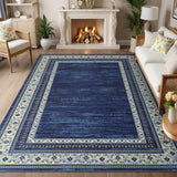 Garvee 5' x 7' Navy Blue Vintage Floral Bordered Area Rug, Washable Non-Slip Low-Pile Carpet for Living Room, Bedroom and Dining Room - Navy Blue