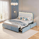 Garvee Bed Frame with LED Lights, Irregular Wave Upholstered Platform Bed with 2 Storage Drawers - Blue