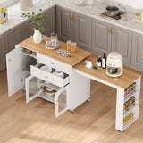 Garvee 78.3” Rolling Kitchen Island with Extendable Table, Storage Cabinet, Drawers & Shelves, White Modern Mobile Island Cart on Wheels, Farmhouse Wood Island Table for Kitchen, Dining Room, Home Bar - White