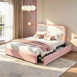 Garvee Bed Frame with LED Lights, Irregular Wave Upholstered Platform Bed with 2 Storage Drawers - Pink