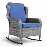 Garvee Wicker Rocking Chair for Patio & Balcony, PE Rattan Outdoor Rocker with Steel Frame, High-Back Support and Plush Blue Cushion, Gray