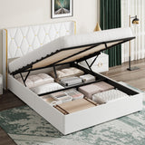 Garvee Storage Bed Full with Upholstered Wingback Headboard, Modern Full Size Hydraulic Bed Frame with Strong Wood Slats Support, No Box Spring Needed, Easy Assembly, White - White