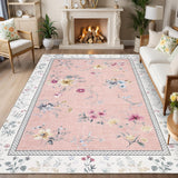 Garvee 8x10 Washable Pink Area Rug for Living Room, Indoor Modern Floral Print Girls Bedroom Rugs, Ultra Thin Low Pile Nursery Rug, Bordered Accent Large Throw Carpet for Dining Room Office - Pink