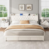 Garvee Velvet Upholstered Platform Bed Frame with Crystal Diamond Tufted Headboard, 3 Storage Drawers, Built-in Charging Station, Sturdy Wooden Slats, Noise-Free, No Box Spring Needed - Elegant Bedroom Furniture, KING light beige - Beige