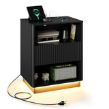 Garvee Modern Fluted bedside table with LED Light & Charging Station - Black Wooden Bedside Table with Drawer - Mid Century Design - Large Storage - Black - US Standard - Black