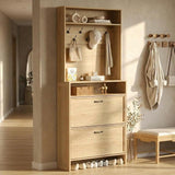 Garvee 2-in-1 Hall Tree Shoe Cabinet – Tall, Slim Entryway Storage Organizer with 2 Turnover Drawers, Adjustable Shelf, Hidden Shoe Rack, Freestanding Narrow Wooden Cabinet for Hallway – Natural Wood Color - Natural Wood Color