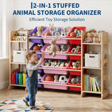 Garvee Spacious Toy Storage Organizer for Kids – 12 Removable Bins & 6 Open Shelves – Solid Wood Bookshelf Cabinet – Multi-Compartment Storage Unit for Playroom, Bedroom, Nursery – Color: Magenta - Magenta