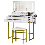 Garvee Modern Glass Top Vanity Desk Set with Adjustable LED Mirror, Power Outlet, 3 Drawers, Hair Dryer Holder & Stool, 4 Storage Shelves – Bedroom Makeup Table – White Board & Gold Metal Frame - White