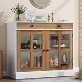 Garvee 35.4 in Sideboard Buffet Cabinets with Glass Door, Buffet Cabinet with Storage, White&Brown Sideboard Cabinet with Drawer, Modern Buffets & Sideboards for Dining Room, Kitchen