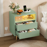 Garvee 2 Drawers Dresser for Bedroom, 23.6" w Wooden Dresser with LED Lights and Charging Station, Fluted Wood TV Stand with Gold Handle, Modern Chest of Dressers for Closet, Living Room, Hallway, Green - Green