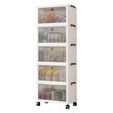 Garvee 5 Tier Foldable Stackable Storage Cabinet with Flip Doors and Lockable Casters, Large Capacity Rolling Plastic Organizer for Bedroom Kitchen Bathroom RV, White with Transparent Door/White with Solid