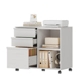Garvee 3 Drawer File Cabinet with Open Storage Shelves, Rolling Lateral Filing Cabinet for Letter/A4 Files, Mobile Printer Stand with Wheels, Wooden Office Storage Cabinet for Home Office, Brown - White