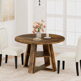 Garvee Space-Saving 43.3" Round Dining Table Set – Wooden Pedestal Base, Storage Shelf – 2 Beige Upholstered High Back Chairs – Ideal for Small Spaces – Vintage Table + Beige Dining Chairs – 复古色餐桌 + 米色餐椅2PCS - Rustic Brown+Beige