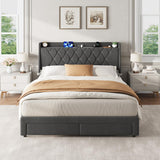 Garvee Velvet Upholstered Platform Bed Frame with Diamond Tufted Headboard, 2 Storage Drawers, Built-in Charging Station, Wooden Slats, Noise-Free, No Box Spring Needed - Modern Bedroom Furniture, QUEEN dark gray - Dark Gray